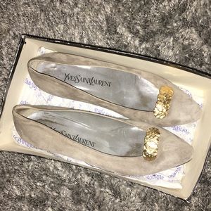 Yves Saint Laurent Grey Suede Gold Coin Pumps 37.5
